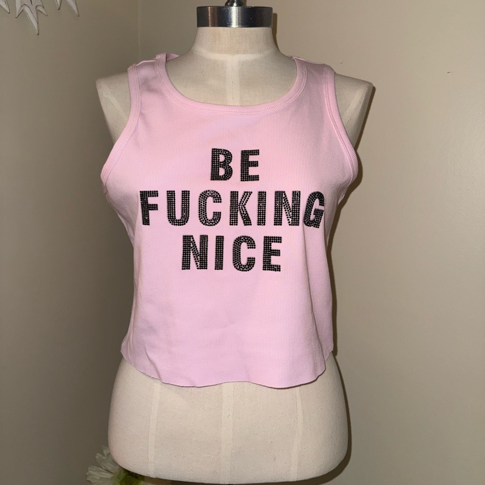 Akira “ Be Fucking nice” pink ribbed crop tank top L